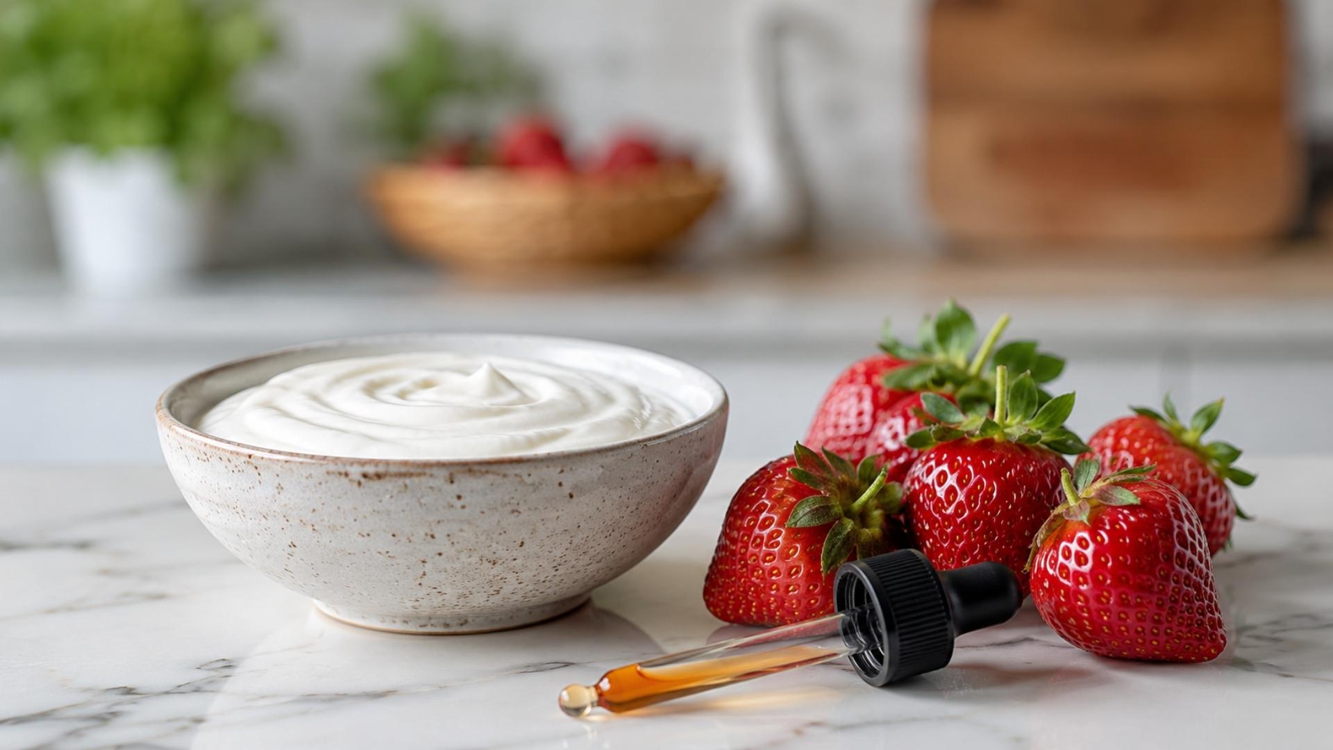 Bol con yogur natural y fresas frescas como ingredientes para elaborar helado casero sin azúcar.