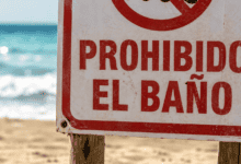 Señal de prohibido el baño en playa de Cádiz por contaminación bacteriana.